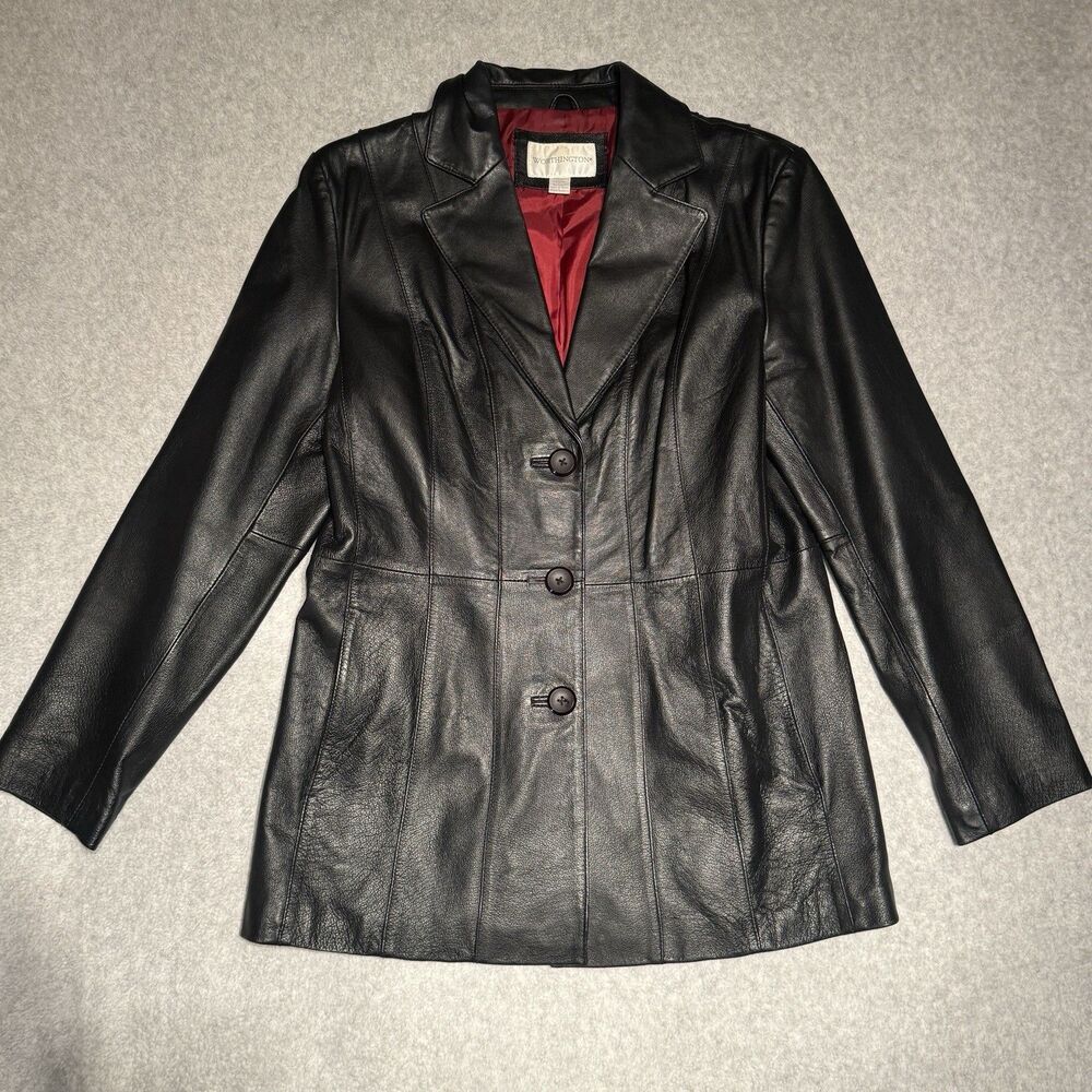 Worthington Leather Jacket Womens Medium Black Classic Button Front Blazer Coat